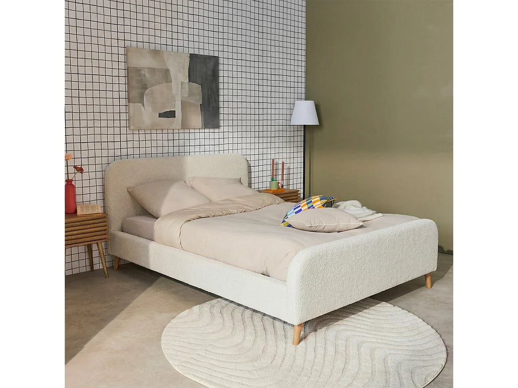 Lit Coffre 140x190 Tissu Bouclette Crème