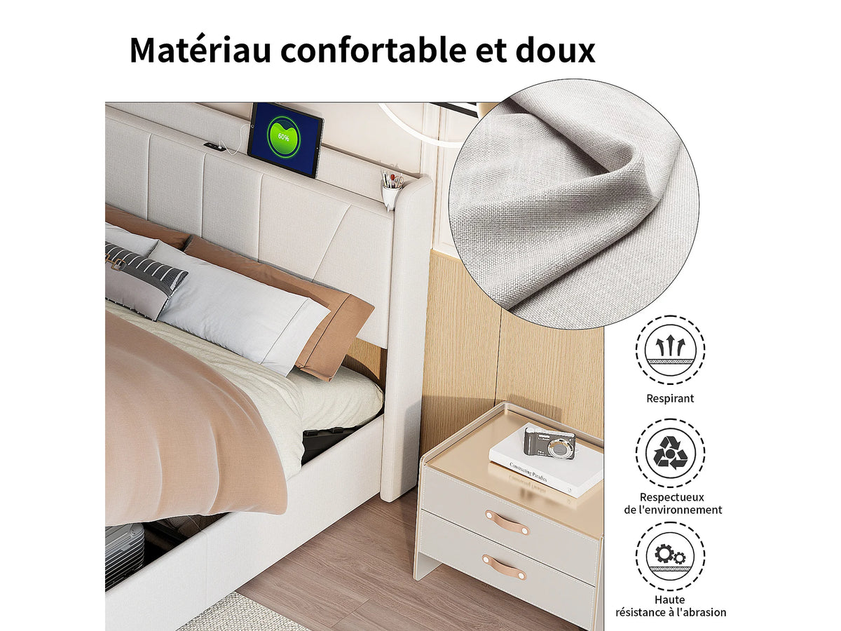 Lit Coffre 140x200 Tissu Bouclette Beige avec Port USB — vue 2