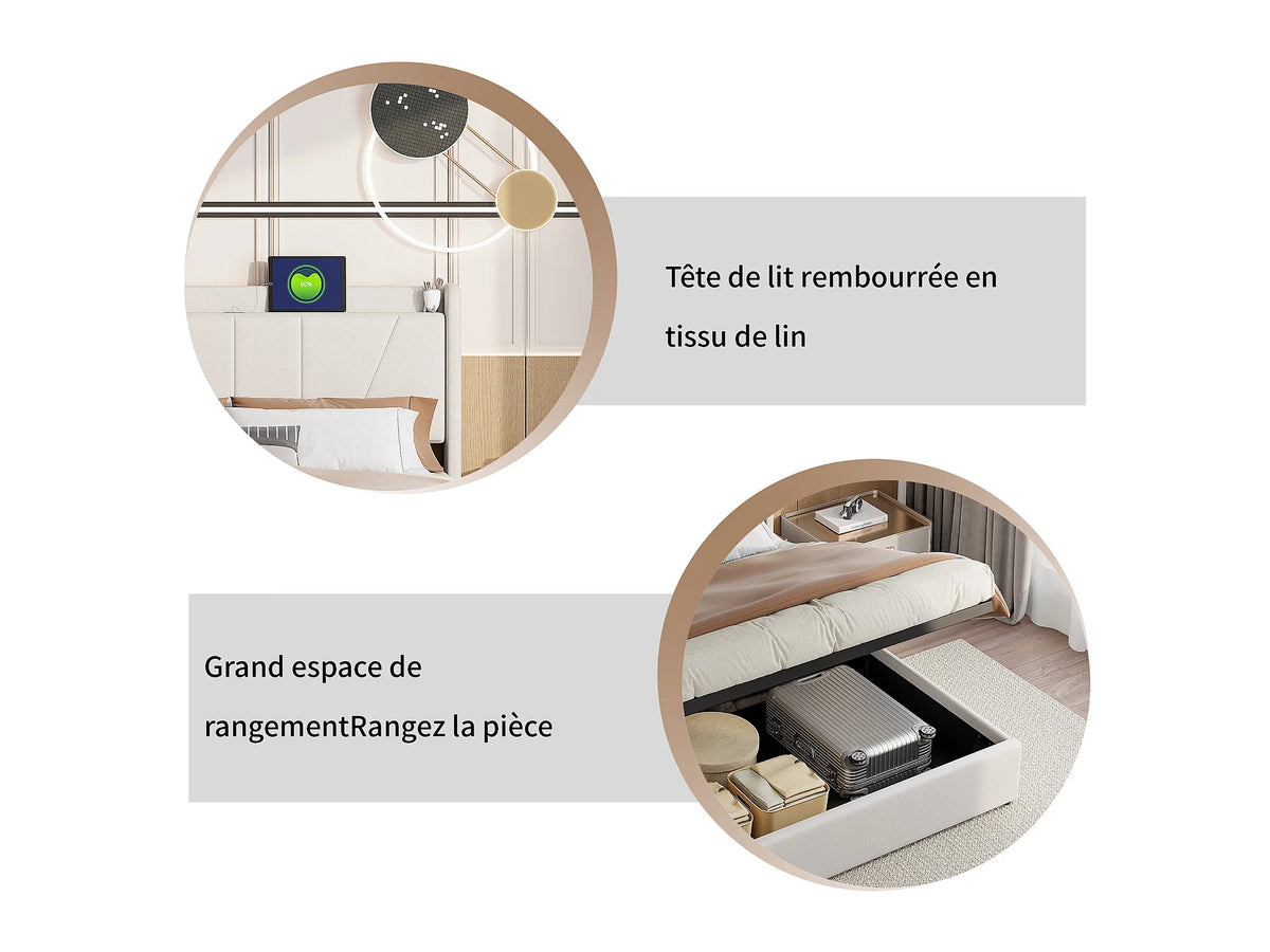 Lit Coffre 140x200 Tissu Bouclette Beige avec Port USB — vue 3