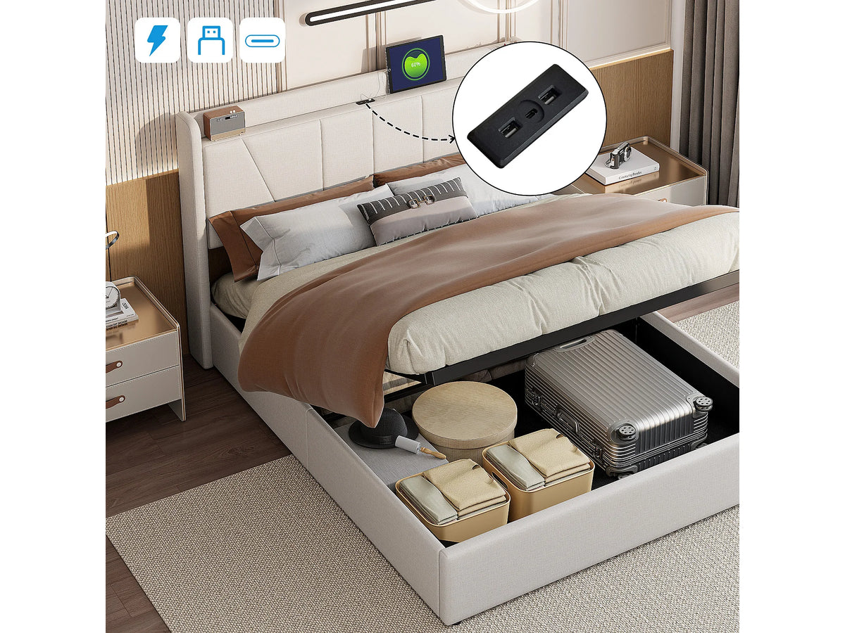 Lit Coffre 140x200 Tissu Bouclette Beige avec Port USB — vue 4