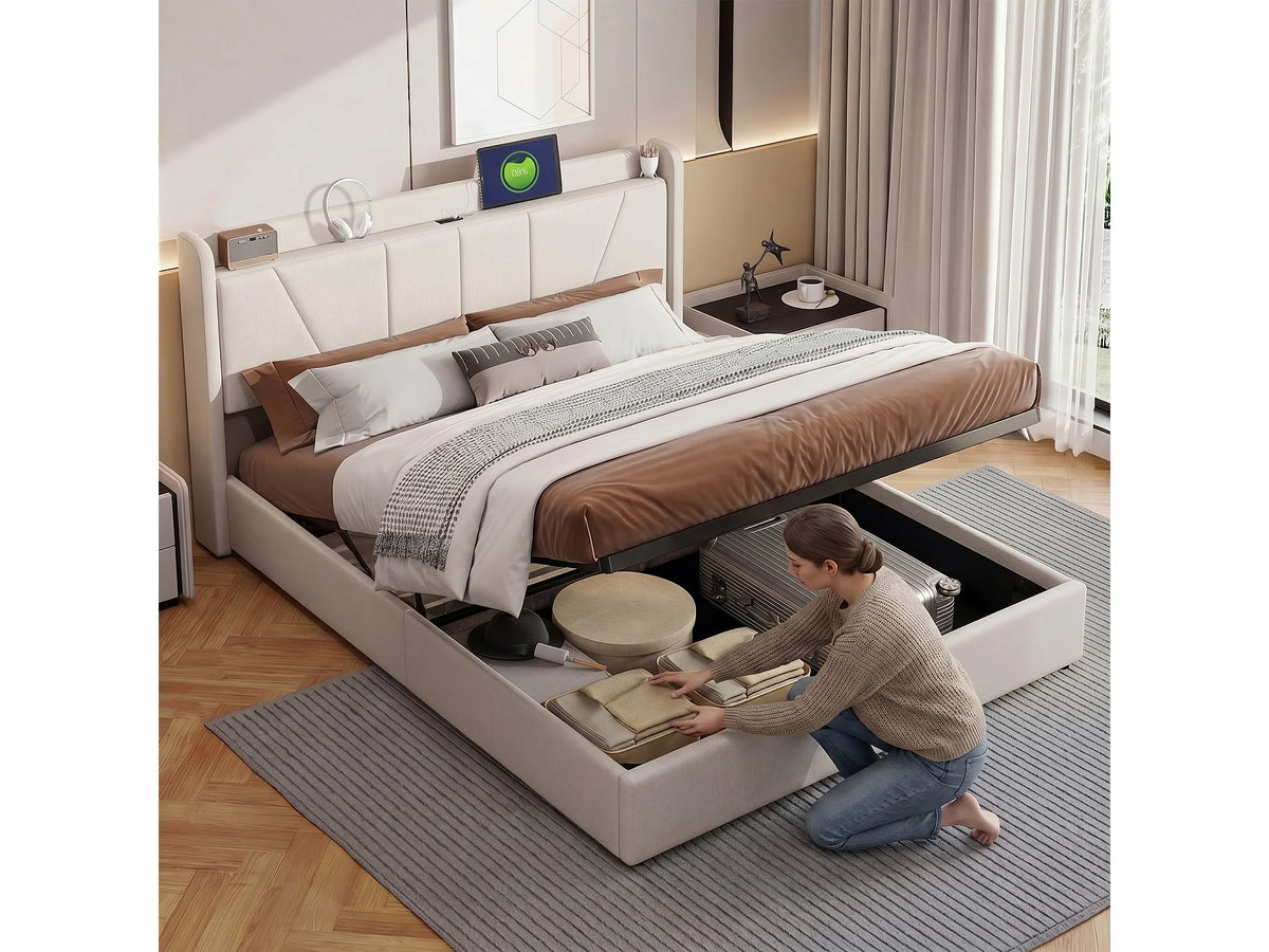 Lit Coffre 140x200 Tissu Bouclette Beige avec Port USB — vue 5