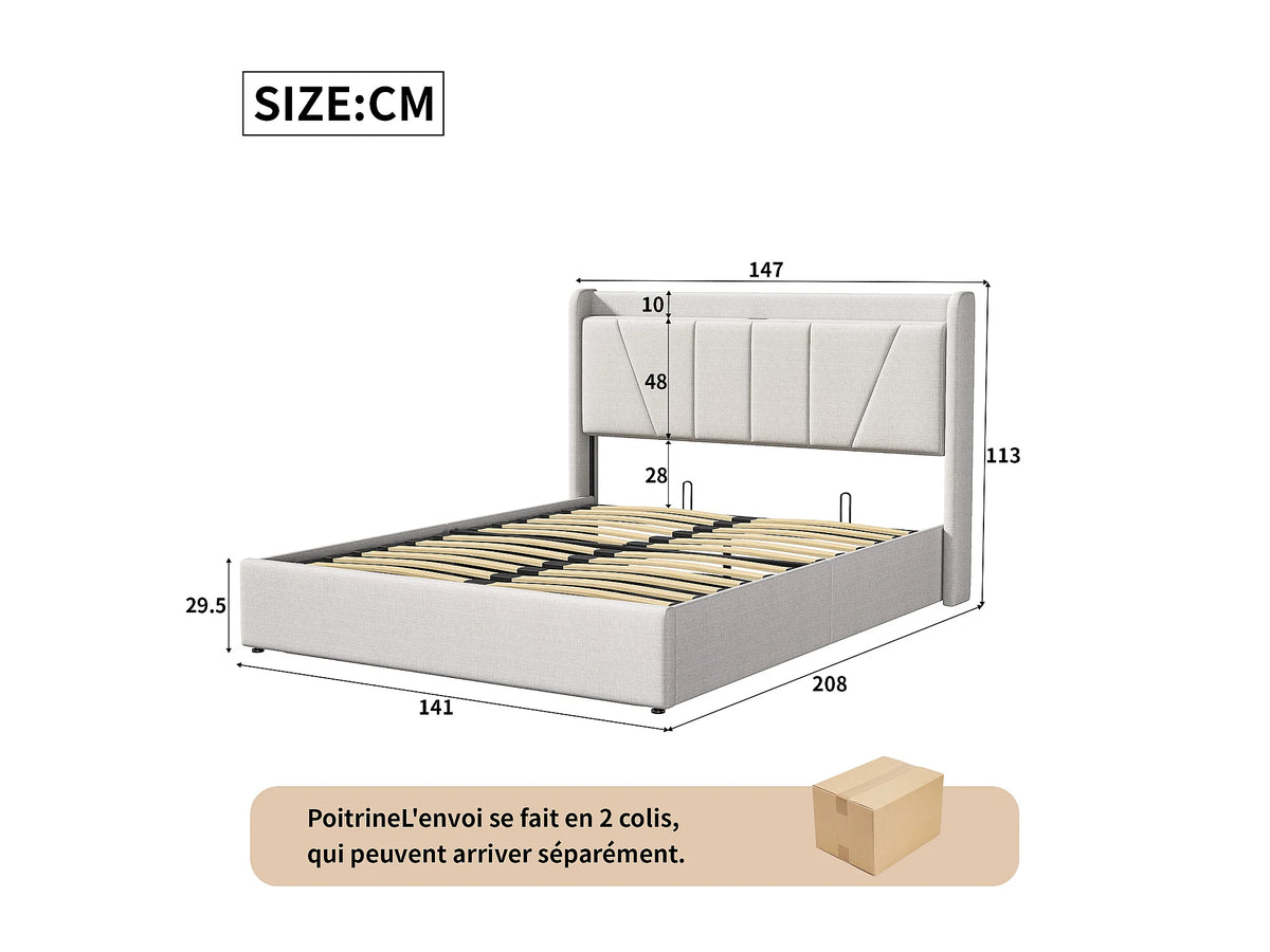 Lit Coffre 140x200 Tissu Bouclette Beige avec Port USB — vue 6