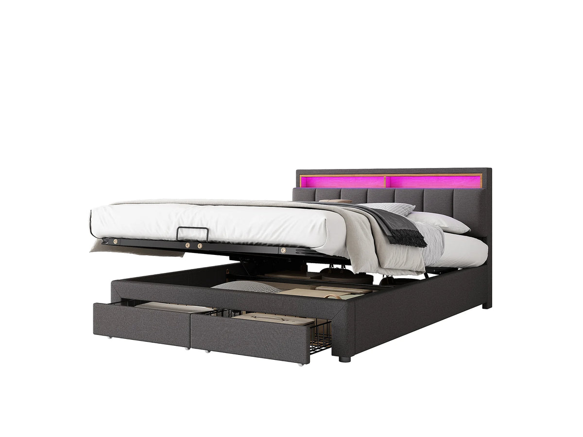 Lit Coffre 180x200 Tissu Lin Gris avec LED et Tiroirs — vue 7