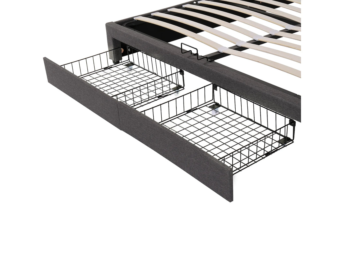 Lit Coffre 180x200 Tissu Lin Gris avec LED et Tiroirs — vue 10