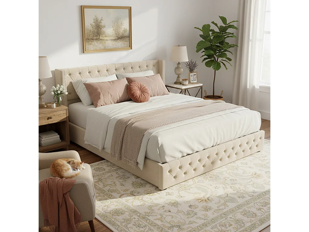 Lit Coffre 160x200 Velours Beige avec Matelas