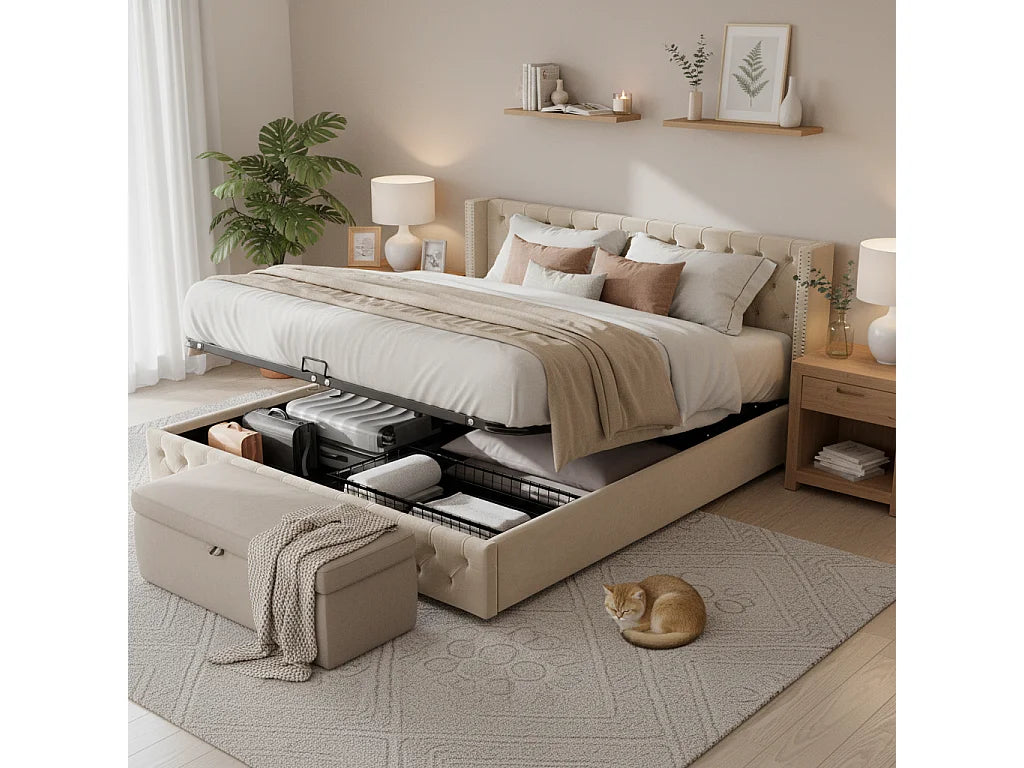 Lit Coffre 160x200 Velours Beige avec Matelas — vue 3