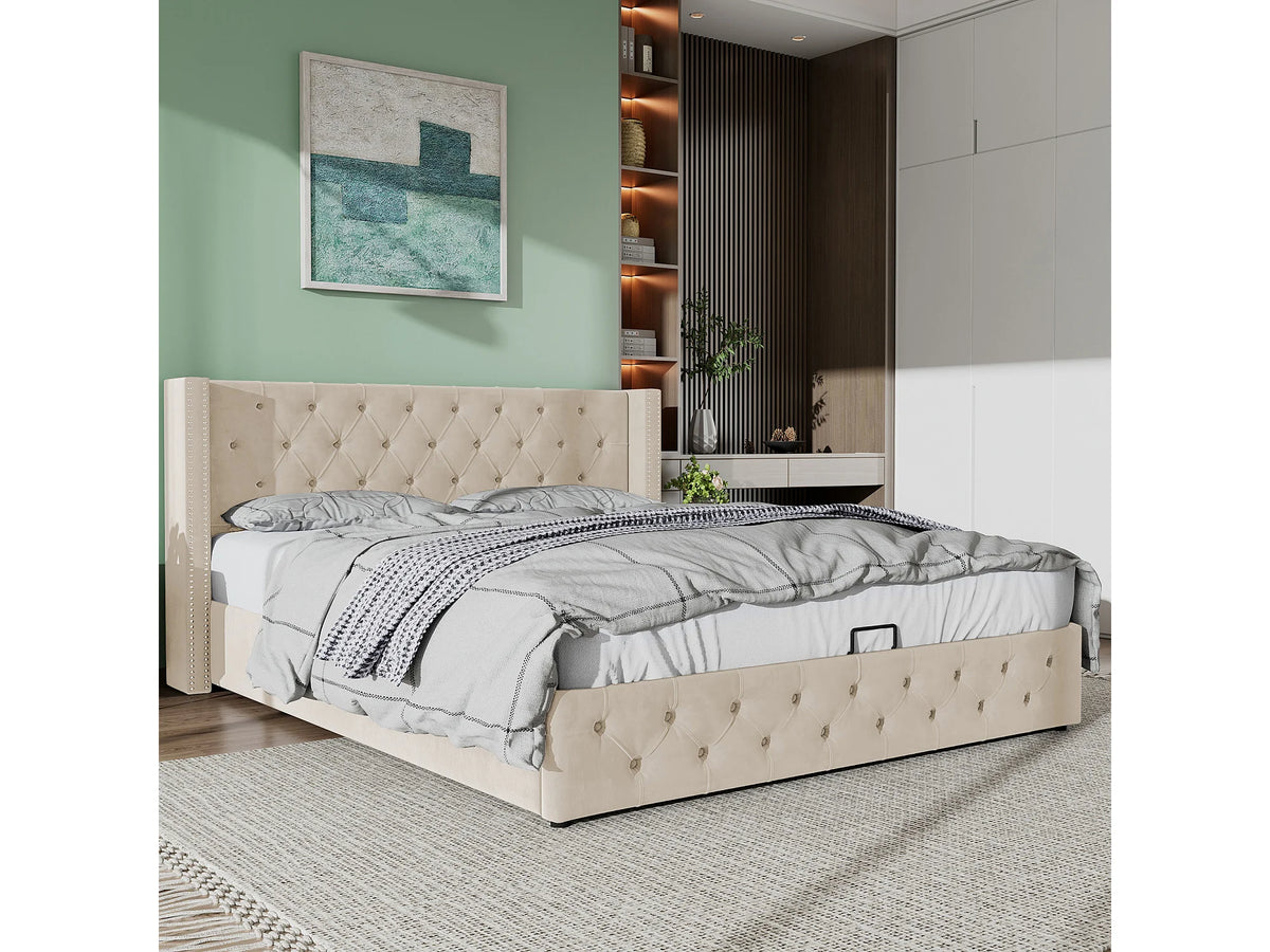 Lit Coffre 160x200 Velours Beige avec Matelas — vue 4