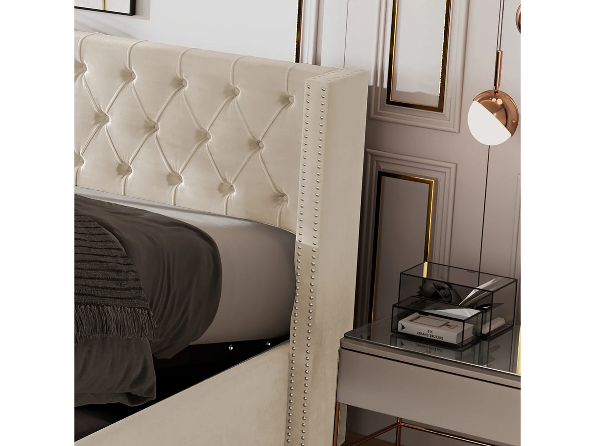 Lit Coffre 160x200 Velours Beige avec Matelas — vue 8