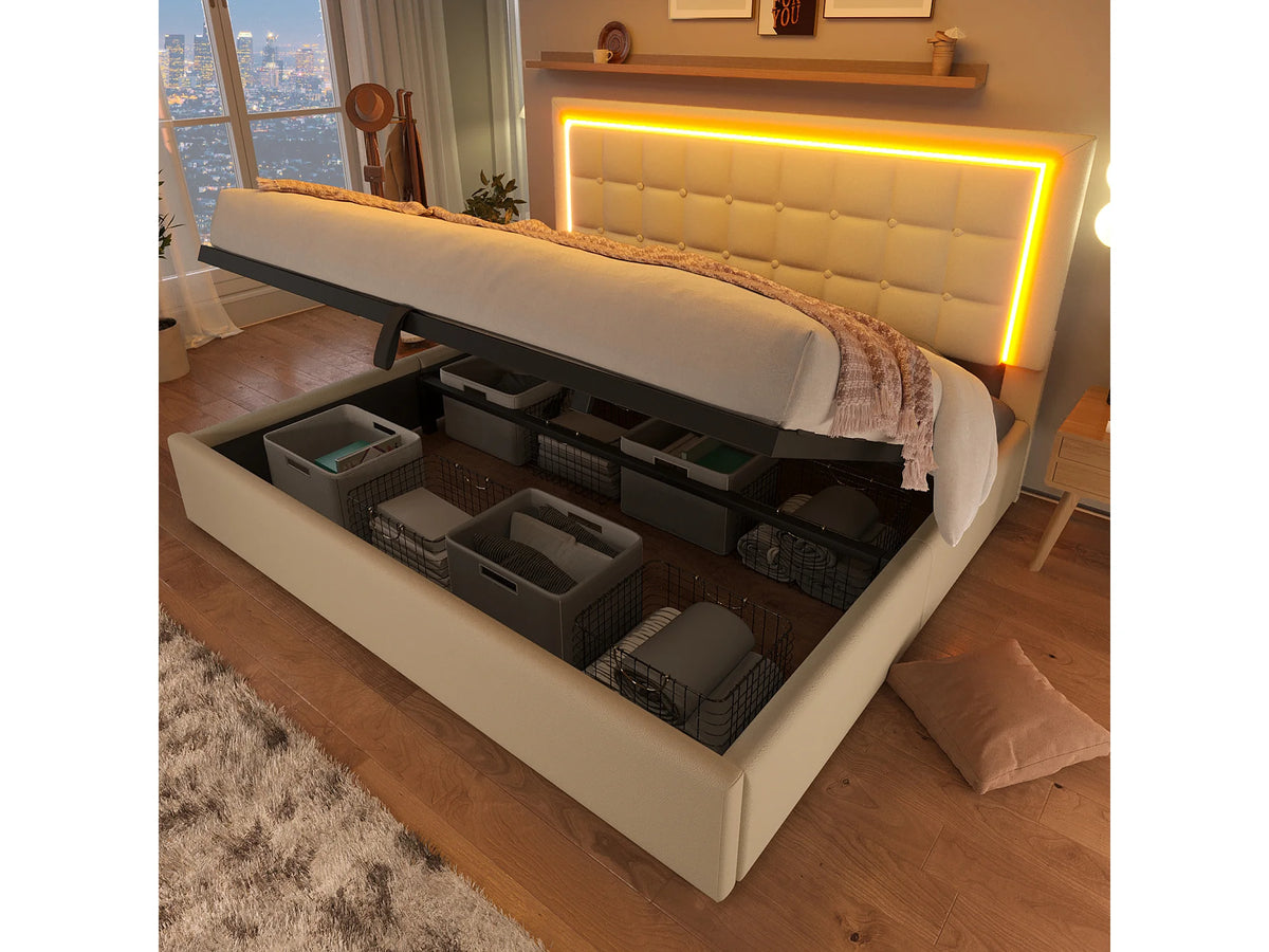 Lit Coffre 140x200 Simili Cuir Blanc avec LED — vue 4