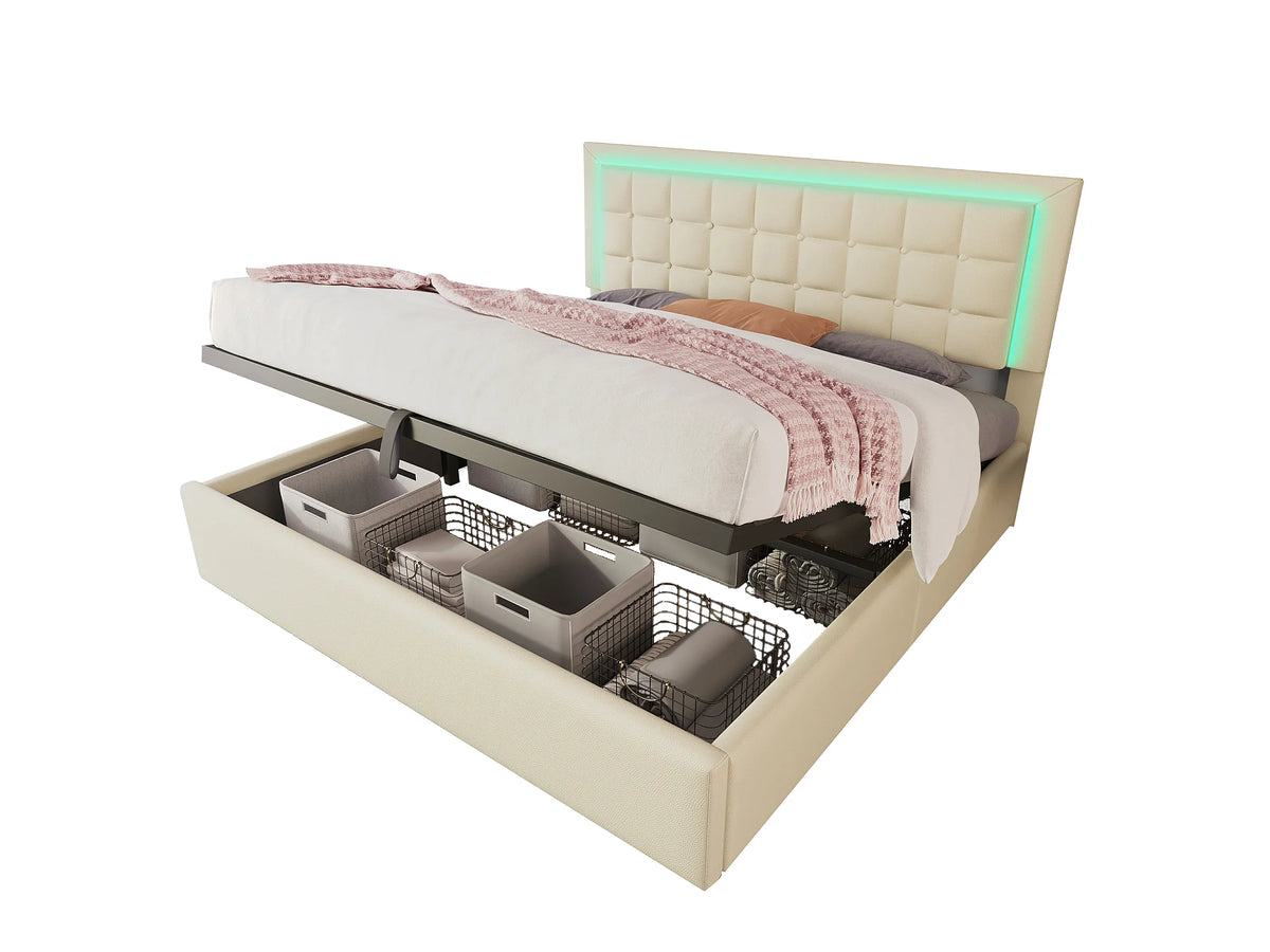 Lit Coffre 140x200 Simili Cuir Blanc avec LED — vue 6