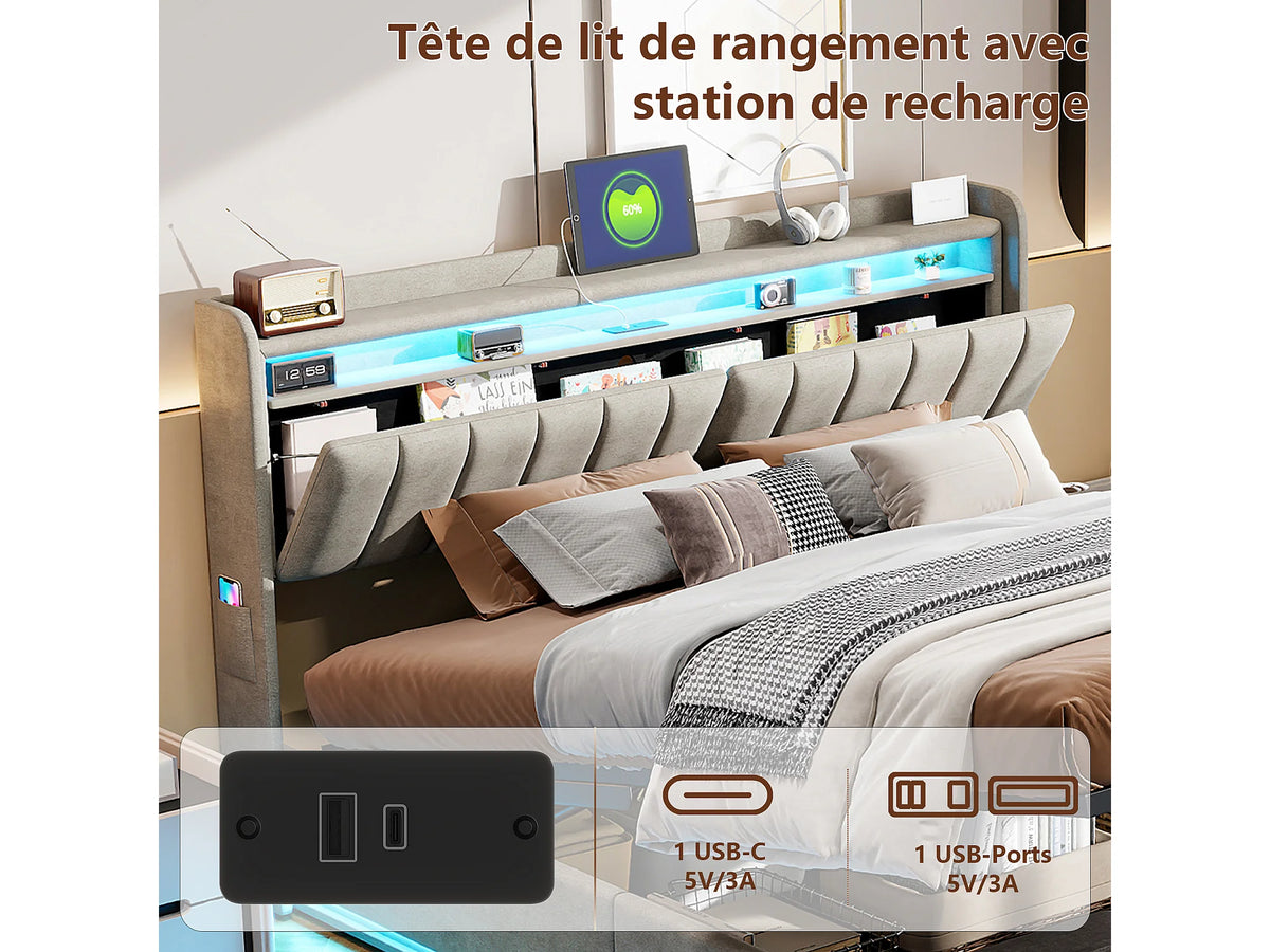 Lit Coffre 140x190 Velours Gris Capitonné avec LED et Port USB — vue 2