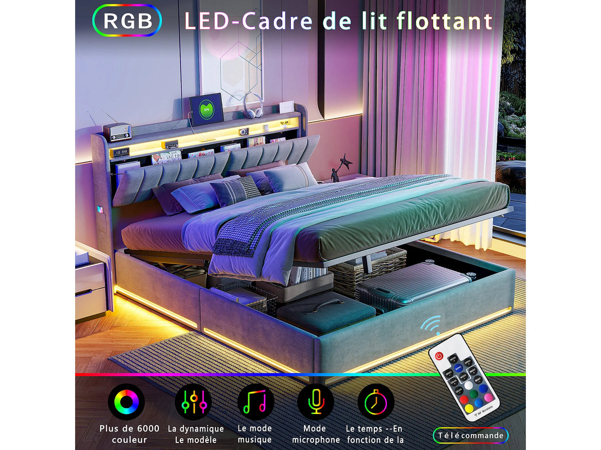 Lit Coffre 140x190 Velours Gris Capitonné avec LED et Port USB — vue 3