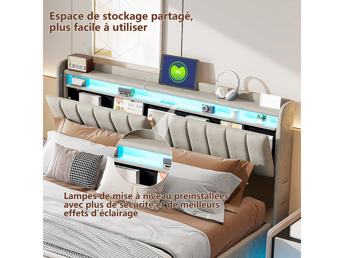 Lit Coffre 140x190 Velours Gris Capitonné avec LED et Port USB — vue 4