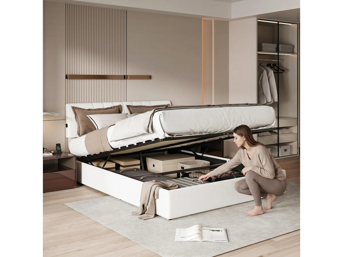 Lit Coffre 140x190 Velours Blanc Capitonné avec Chevets et Port USB — vue 2
