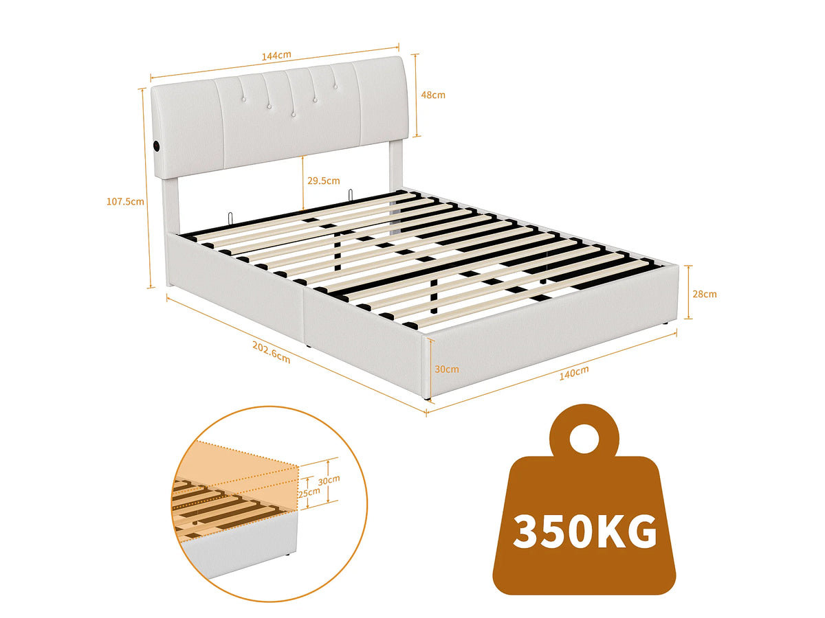 Lit Coffre 140x190 Velours Blanc Capitonné avec Chevets et Port USB — vue 6