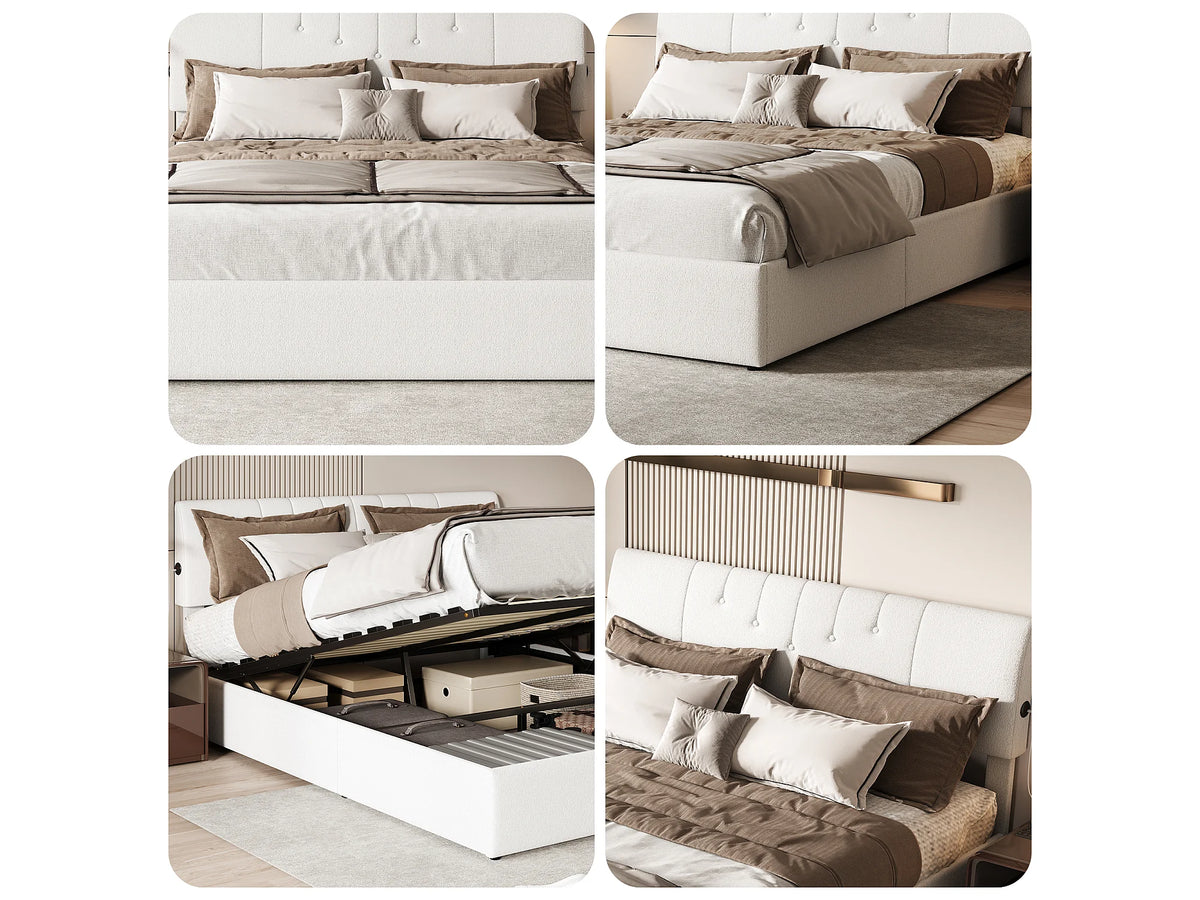 Lit Coffre 140x190 Velours Blanc Capitonné avec Chevets et Port USB — vue 7
