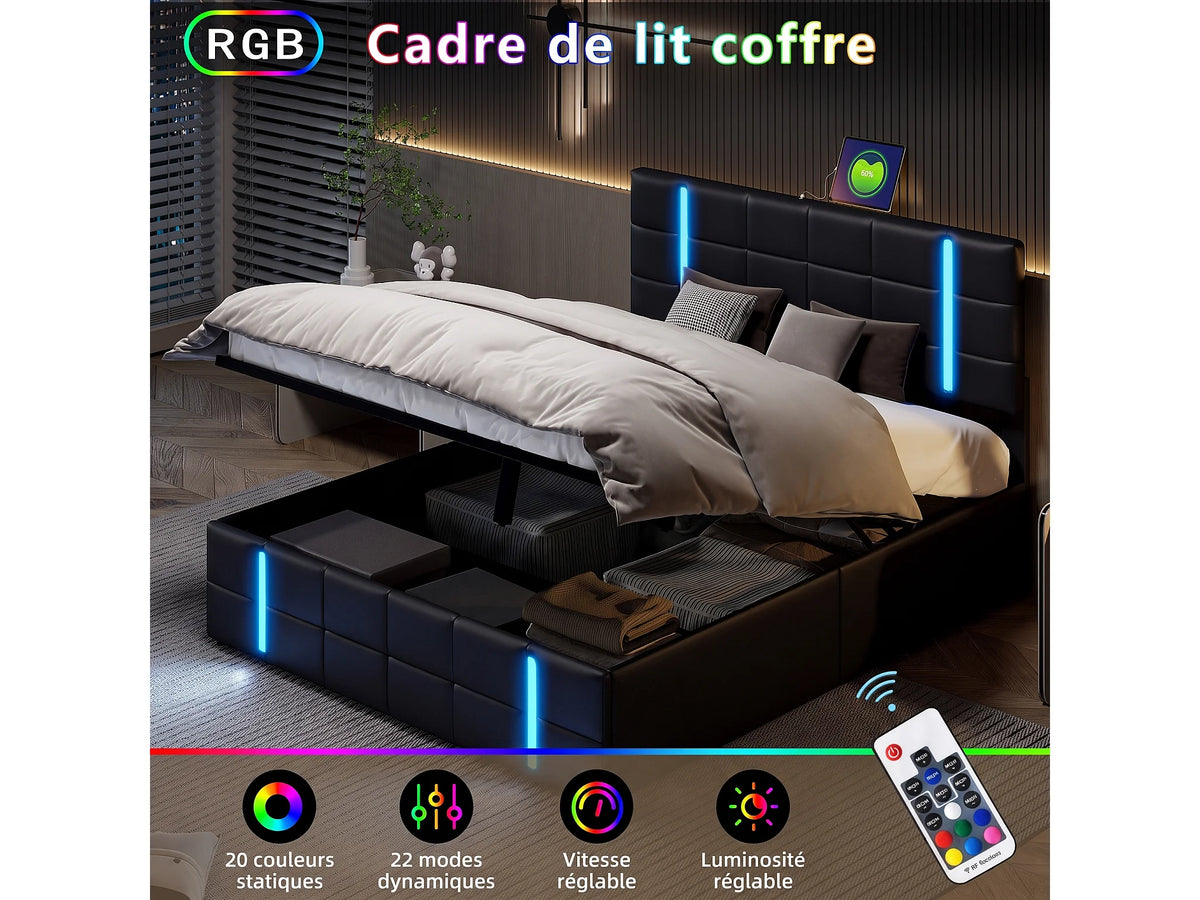 Lit Coffre 160x200 Simili Cuir Noir Capitonné avec LED et Port USB — vue 3
