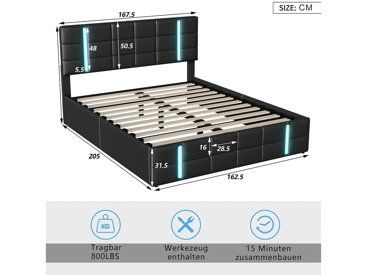 Lit Coffre 160x200 Simili Cuir Noir Capitonné avec LED et Port USB — vue 6