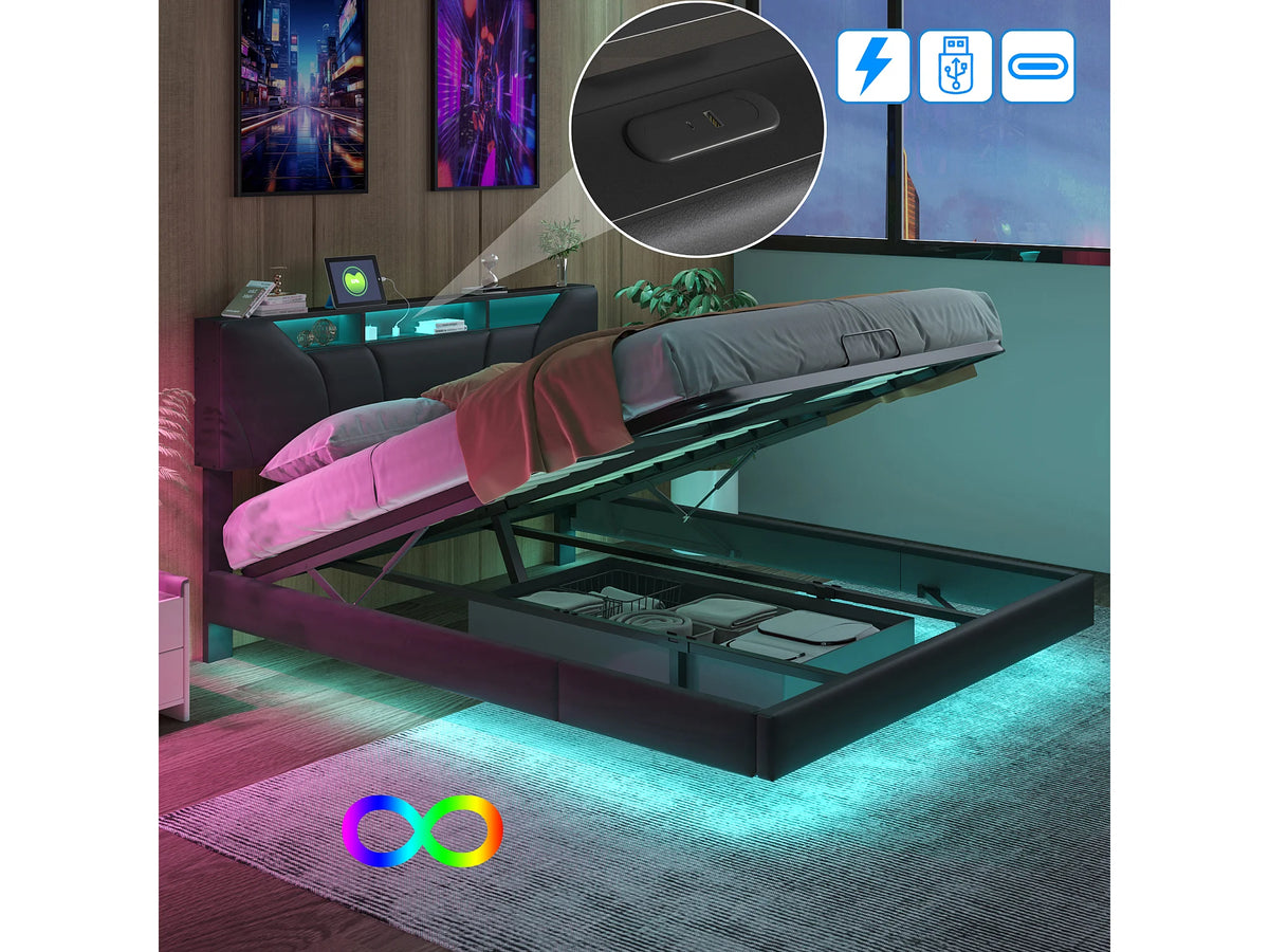 Lit Coffre 160x200 Simili Cuir Noir avec LED — vue 3