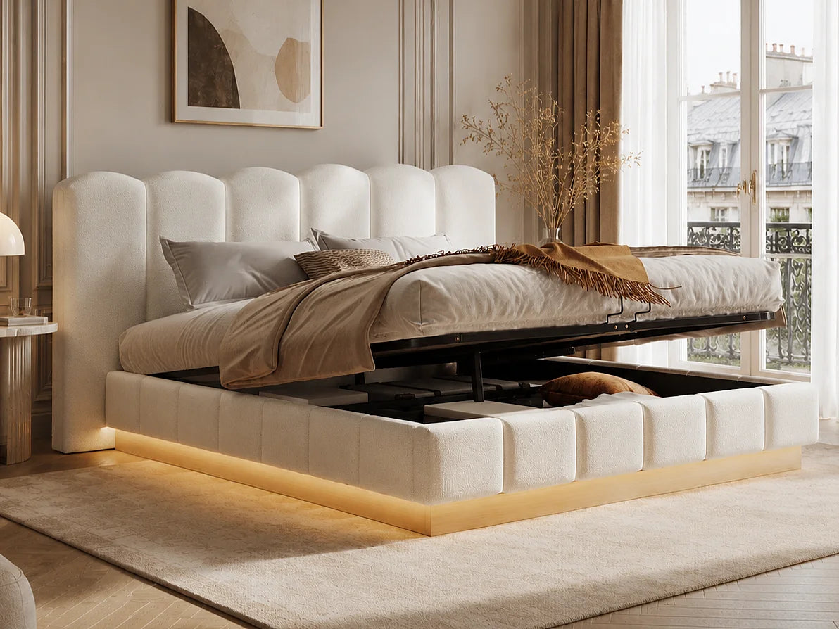 Lit Coffre 180x200 Tissu Bouclette Blanc Capitonné avec LED