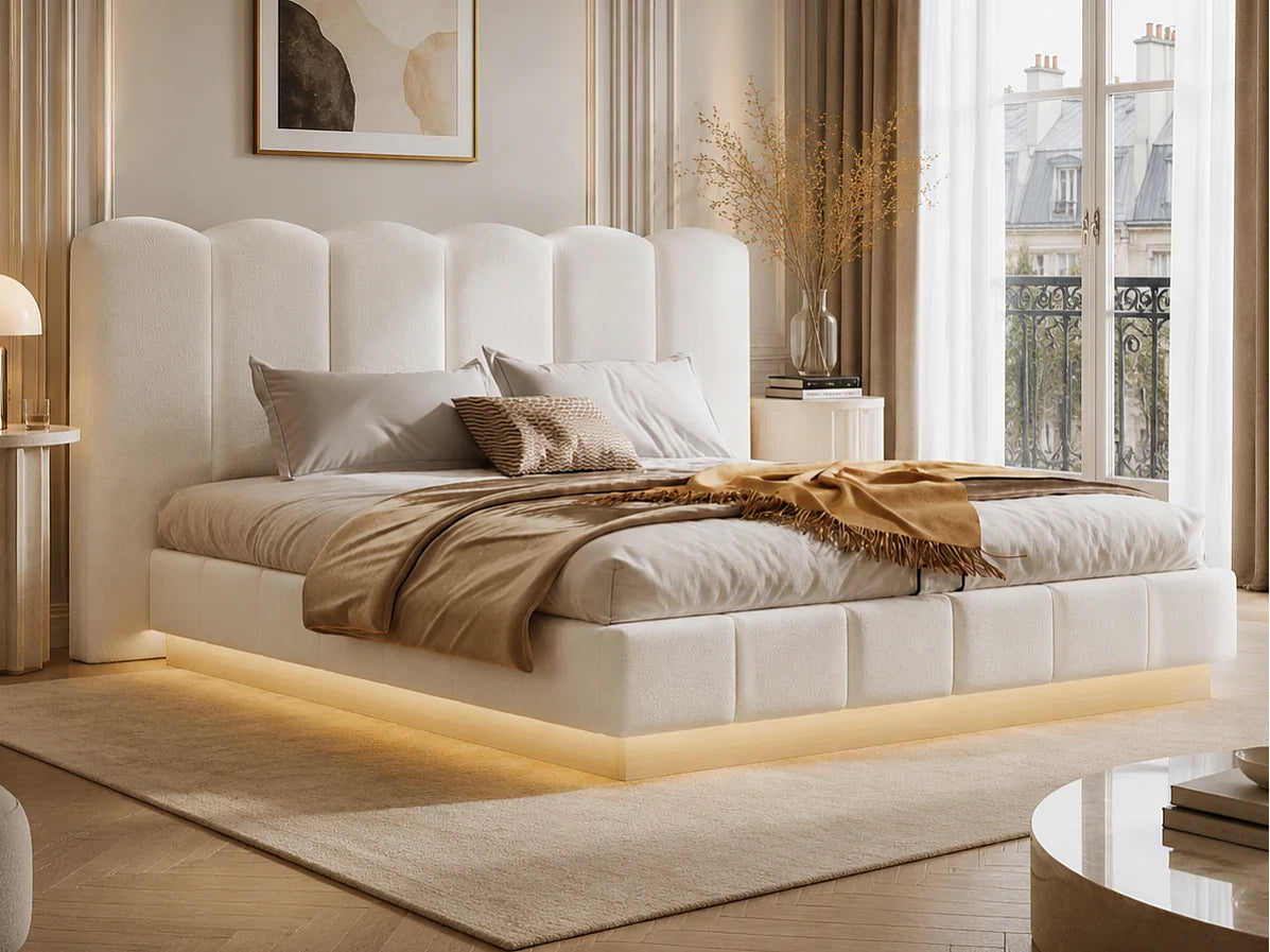 Lit Coffre 180x200 Tissu Bouclette Blanc Capitonné avec LED — vue 2