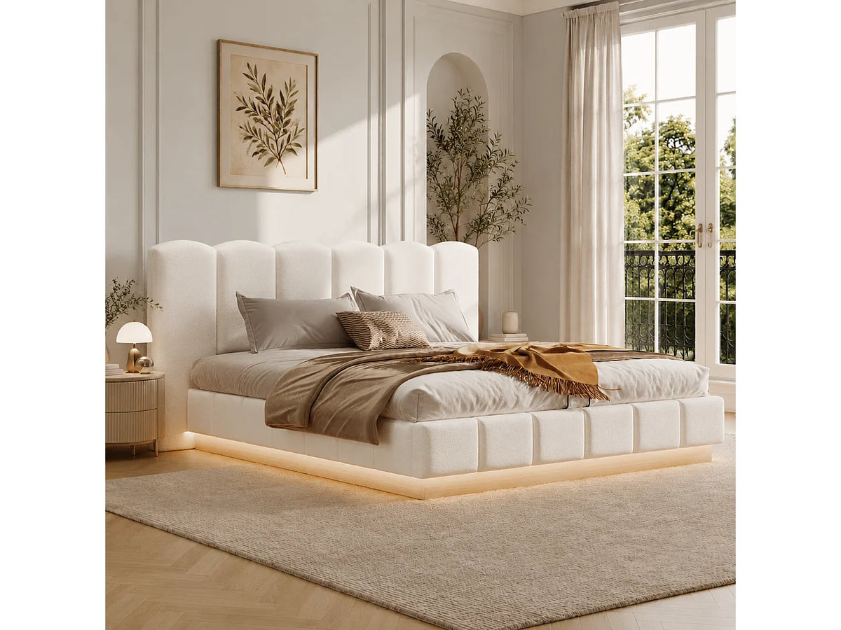 Lit Coffre 180x200 Tissu Bouclette Blanc Capitonné avec LED — vue 4