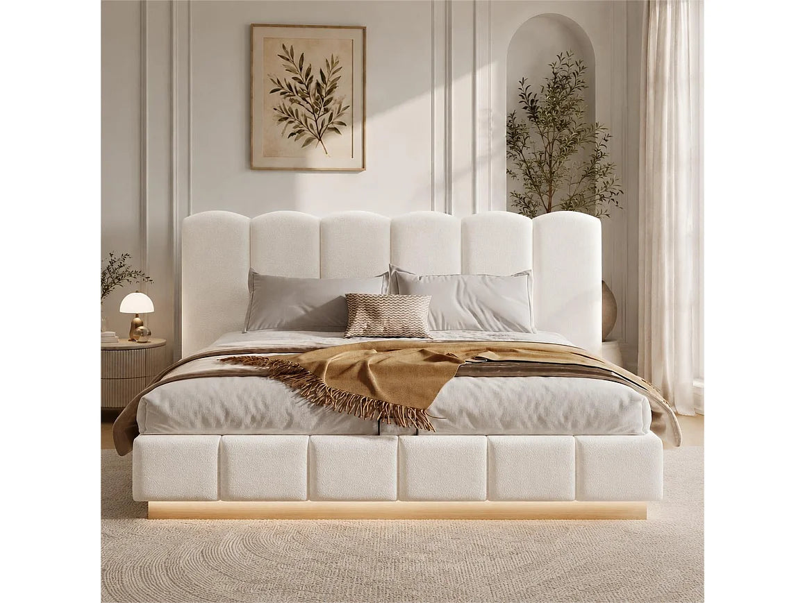 Lit Coffre 180x200 Tissu Bouclette Blanc Capitonné avec LED — vue 10