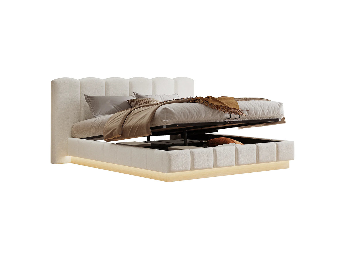 Lit Coffre 180x200 Tissu Bouclette Blanc Capitonné avec LED — vue 6