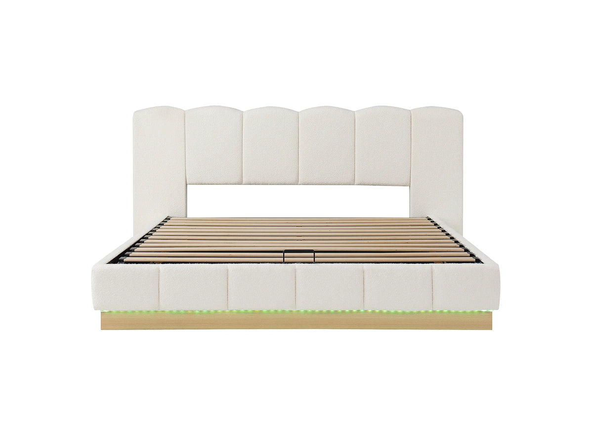 Lit Coffre 180x200 Tissu Bouclette Blanc Capitonné avec LED — vue 7