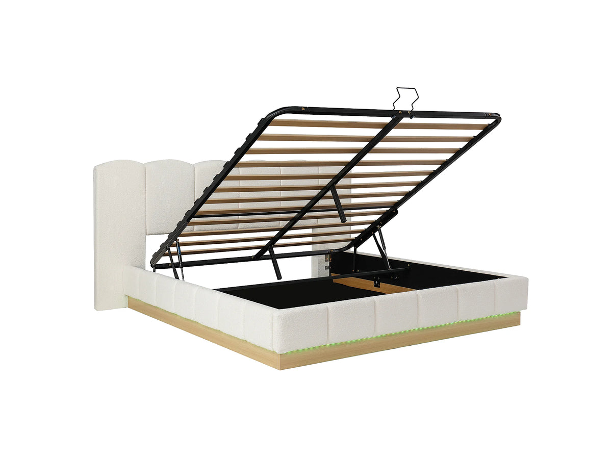 Lit Coffre 180x200 Tissu Bouclette Blanc Capitonné avec LED — vue 8