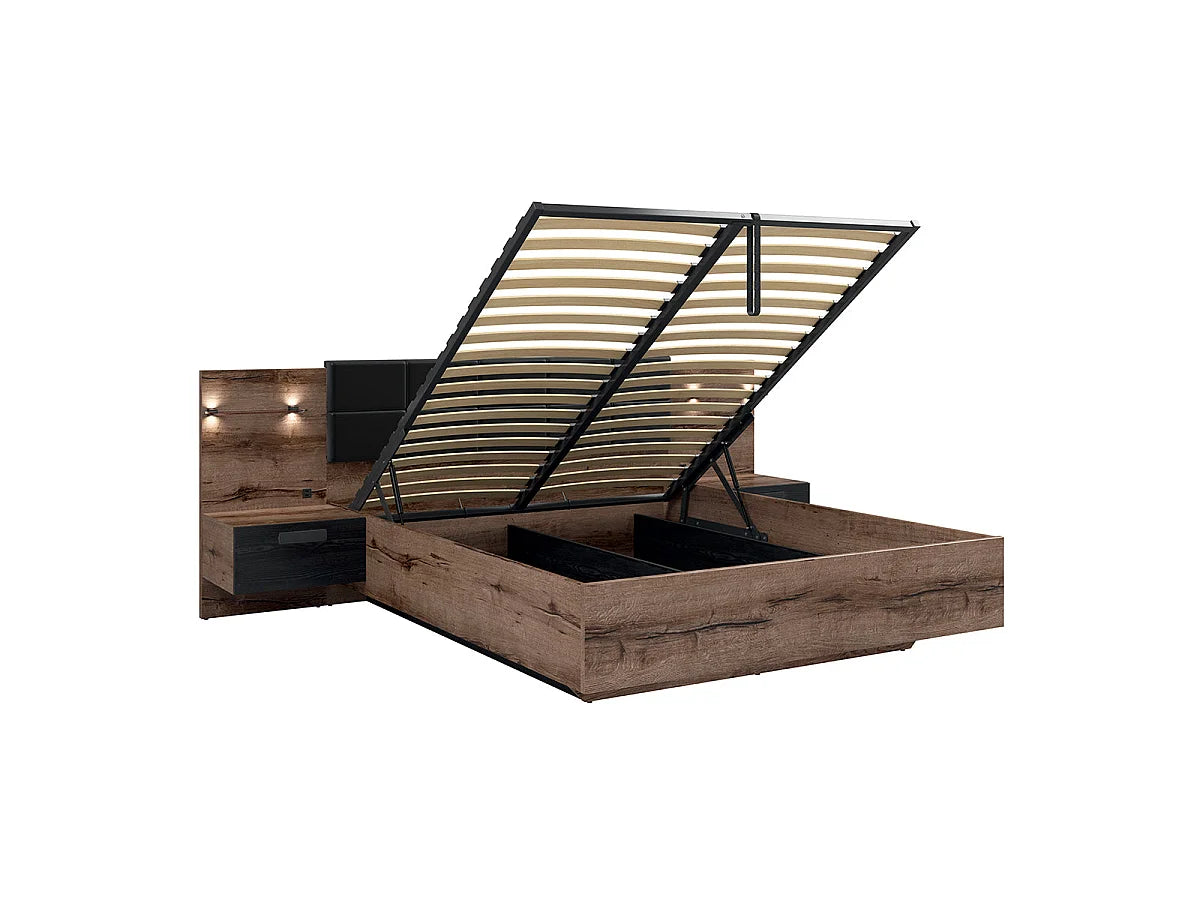 Lit Coffre 160x200 Bois Naturel clair avec Chevets, LED et Port USB