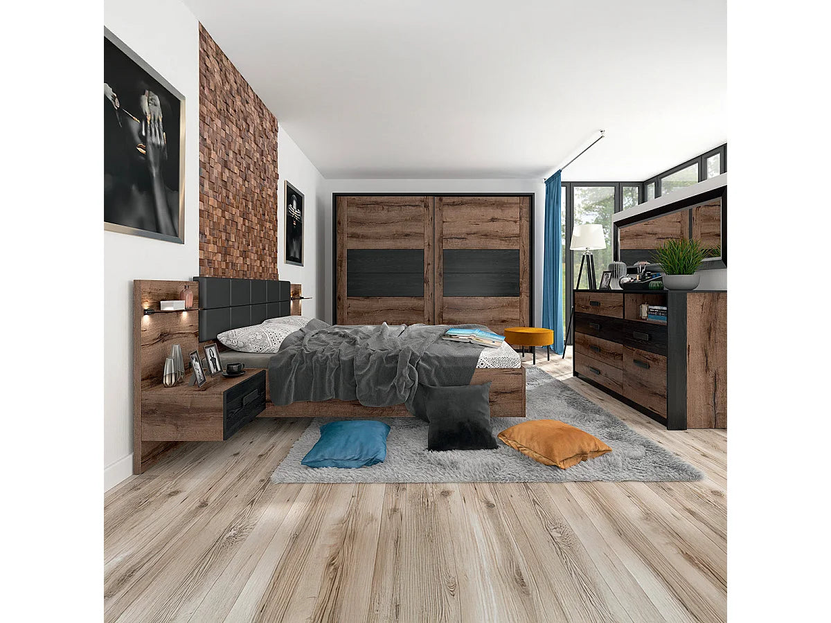 Lit Coffre 160x200 Bois Naturel clair avec Chevets, LED et Port USB — vue 4