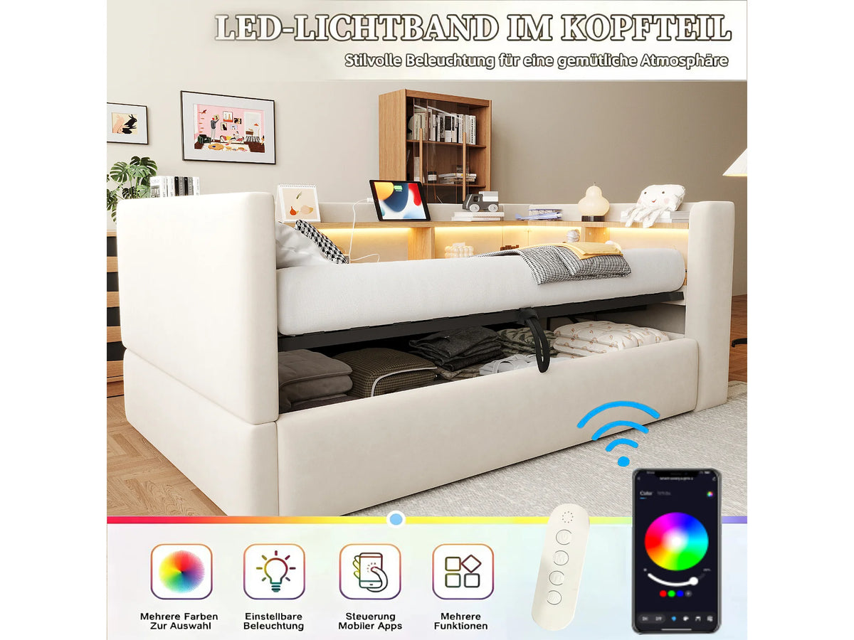 Lit Coffre 90x190 Flanelle Beige avec LED — vue 4