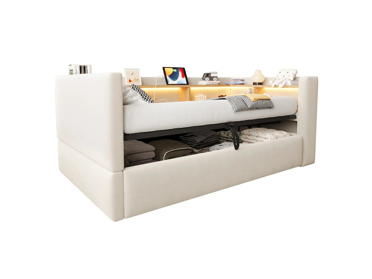 Lit Coffre 90x190 Flanelle Beige avec LED — vue 5