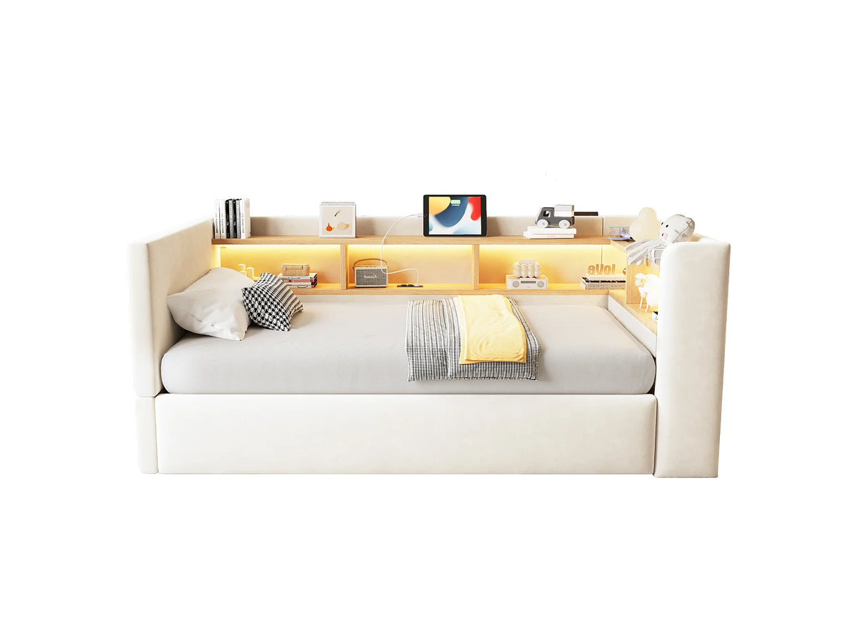 Lit Coffre 90x190 Flanelle Beige avec LED — vue 6
