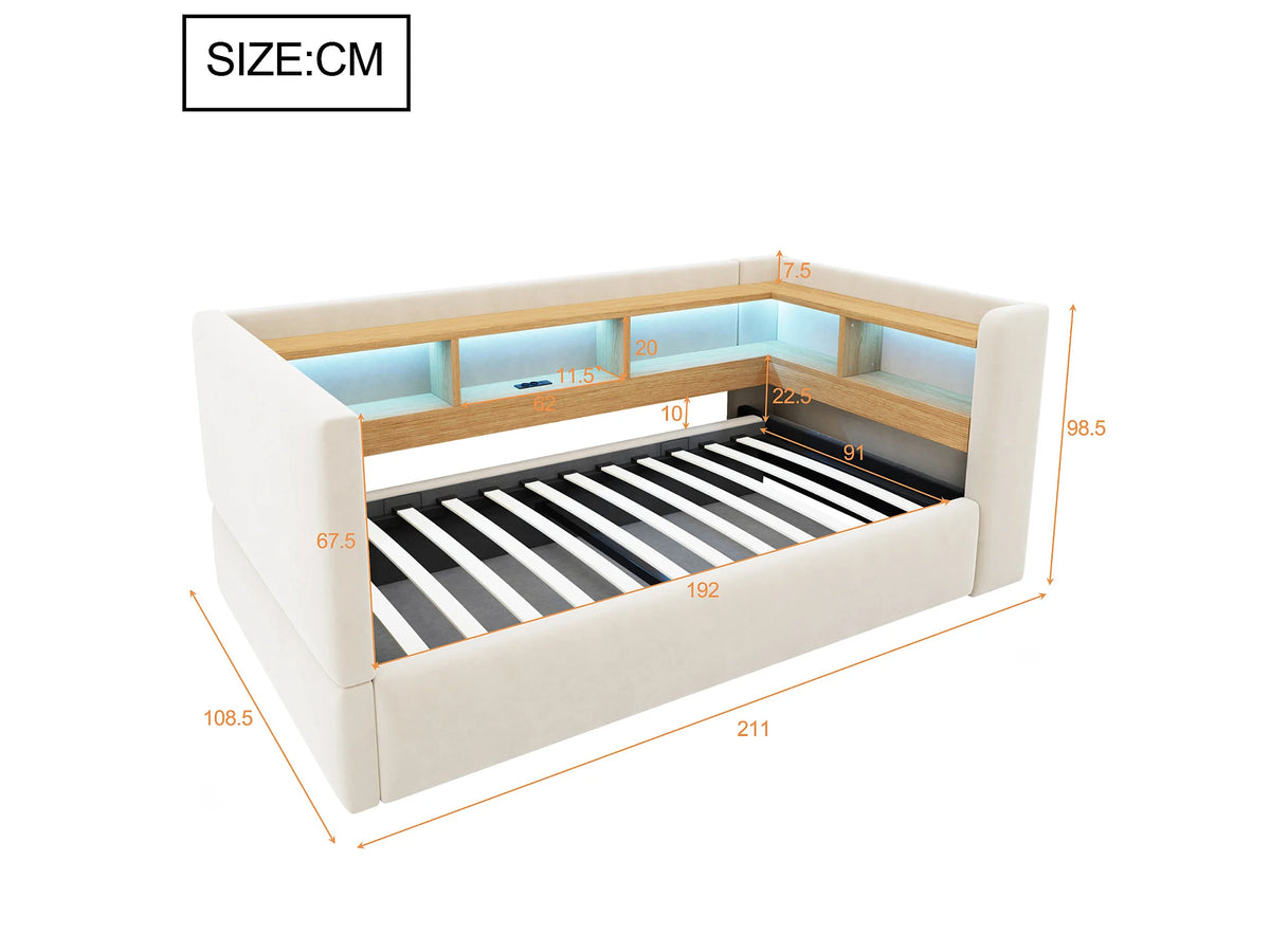 Lit Coffre 90x190 Tissu Beige avec LED — vue 9