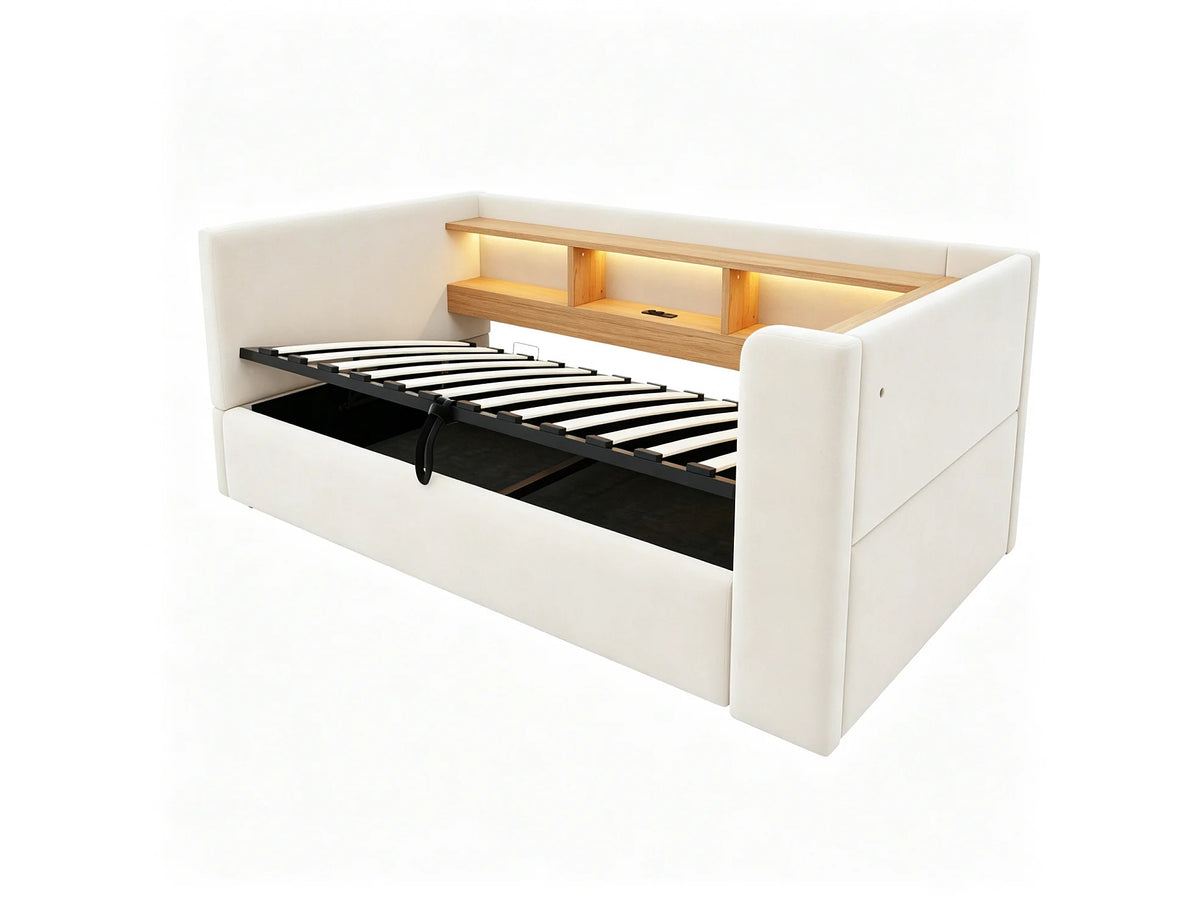 Lit Coffre 90x190 Tissu Beige avec LED — vue 4