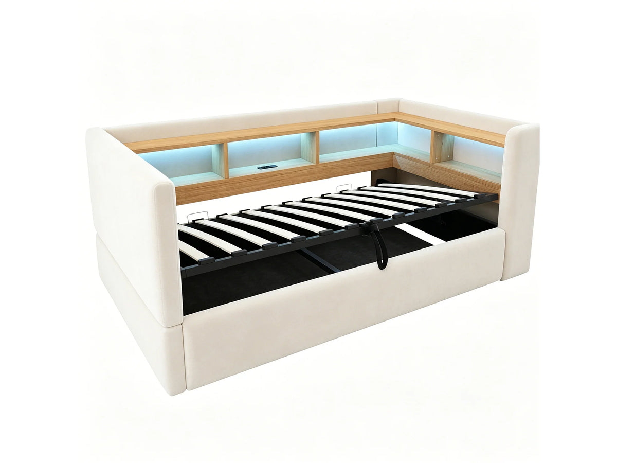 Lit Coffre 90x190 Tissu Beige avec LED — vue 10