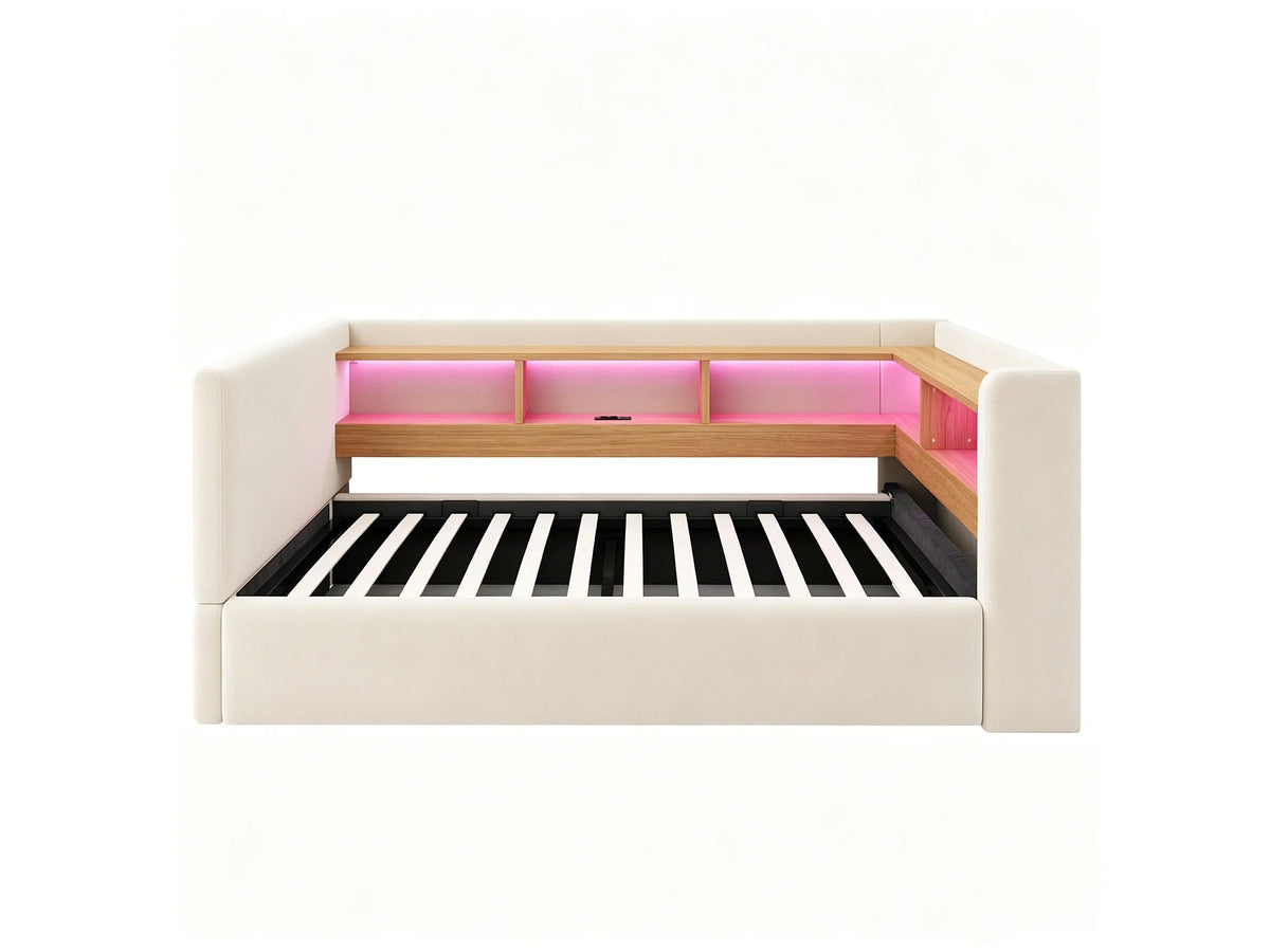 Lit Coffre 90x190 Tissu Beige avec LED — vue 8