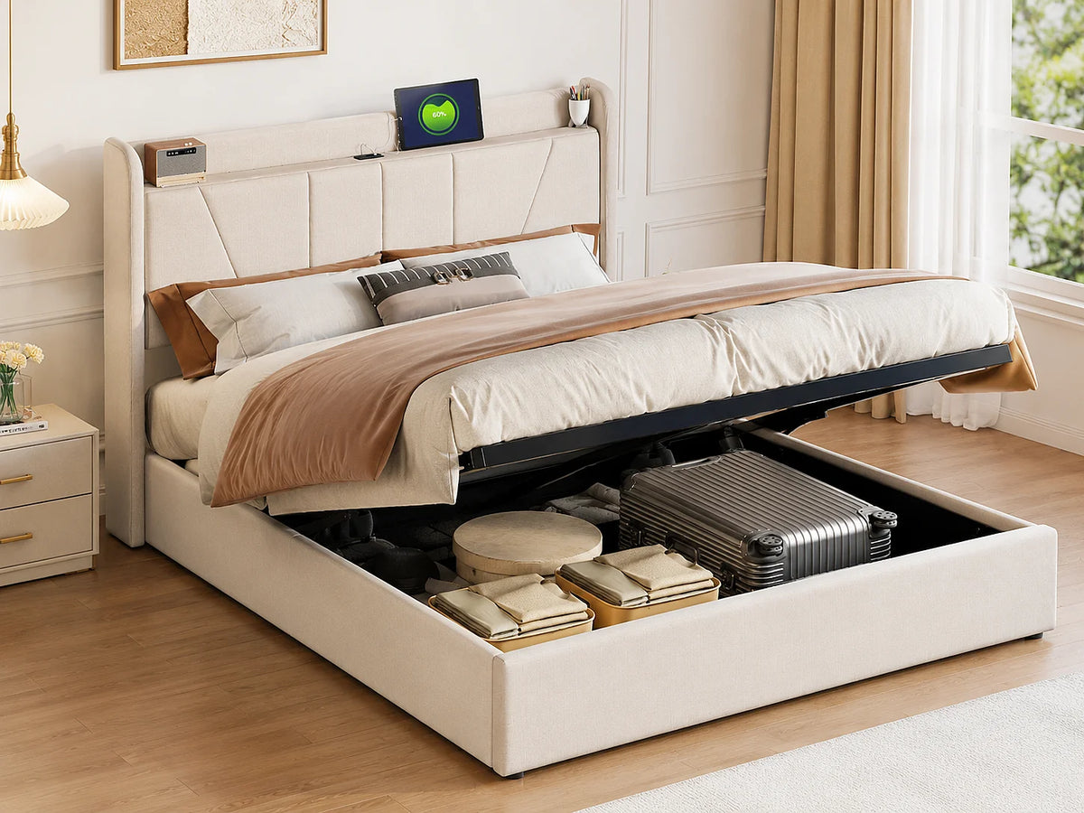 Lit Coffre 140x200 Tissu Bouclette Beige avec Port USB