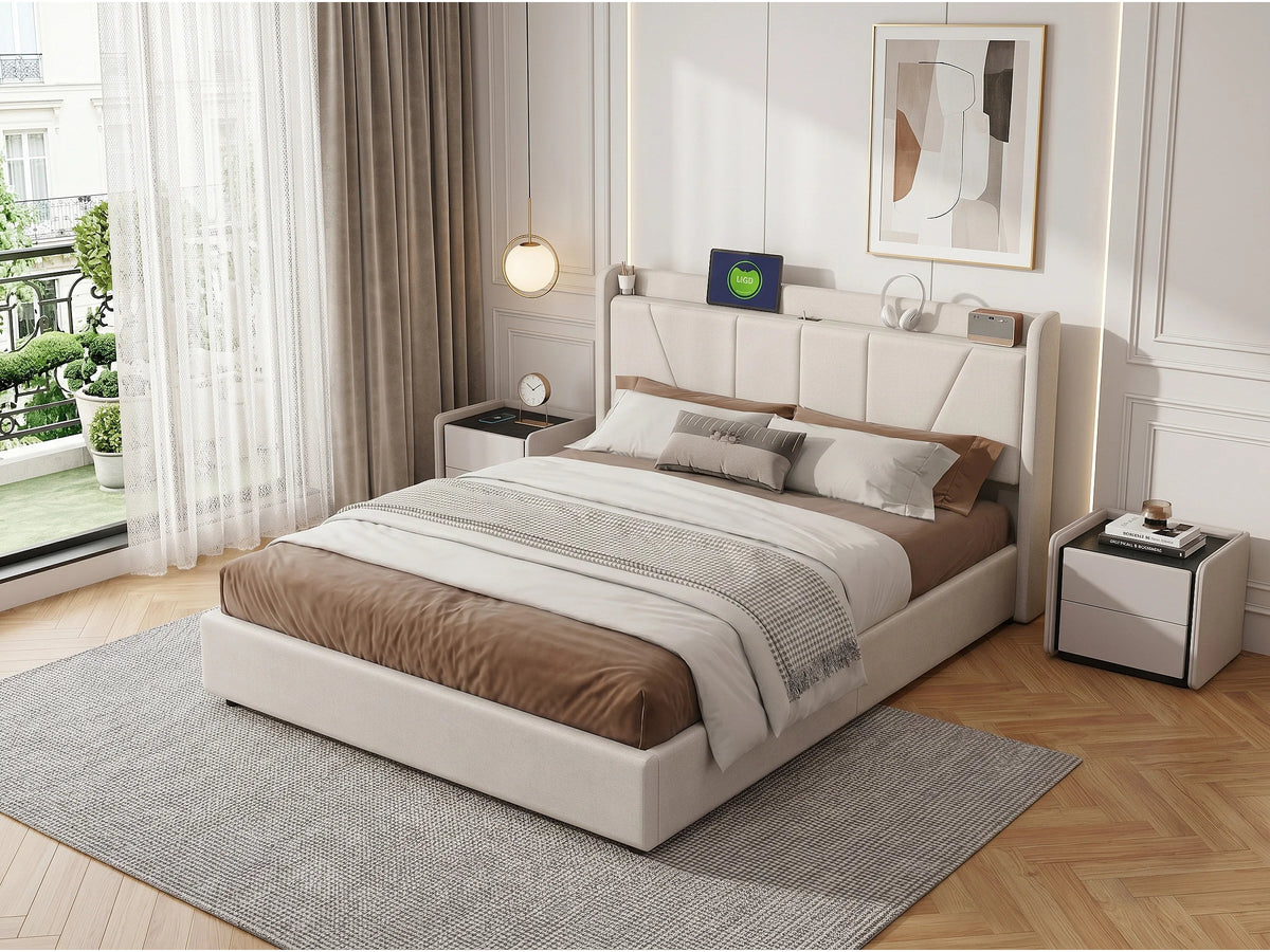 Lit Coffre 140x200 Tissu Bouclette Beige avec Port USB — vue 7