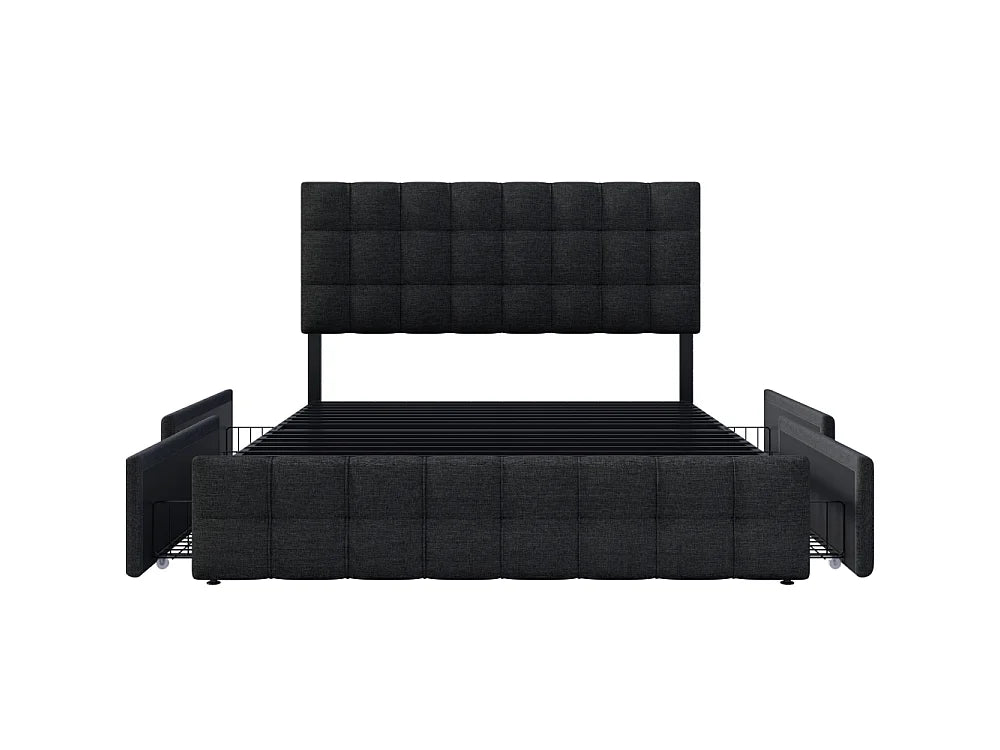 Lit Coffre 140x200 Tissu Lin Noir avec Matelas et Tiroirs — vue 3