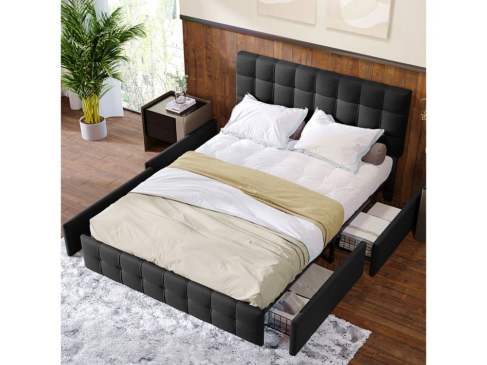 Lit Coffre 140x200 Tissu Lin Noir avec Matelas et Tiroirs — vue 6