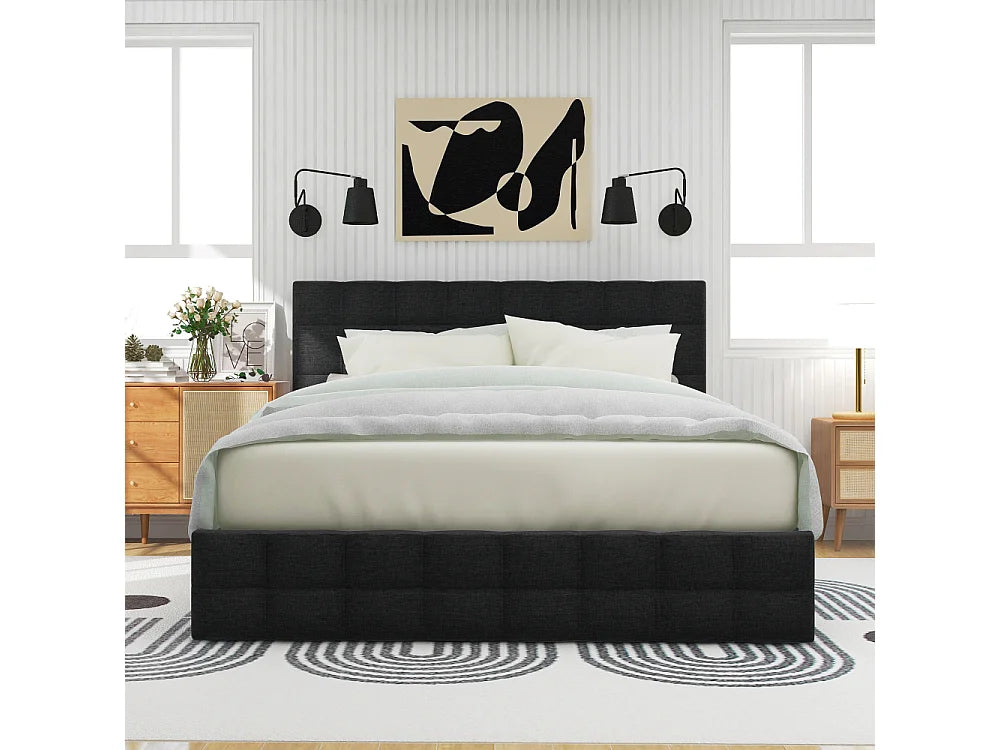 Lit Coffre 140x200 Tissu Lin Noir avec Matelas et Tiroirs — vue 8