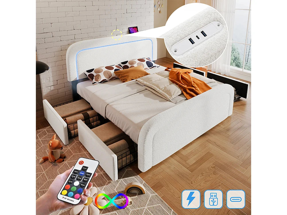 Lit Coffre 90x200 Bois Blanc Capitonné avec Matelas, LED, Tiroirs et Port USB — vue 2