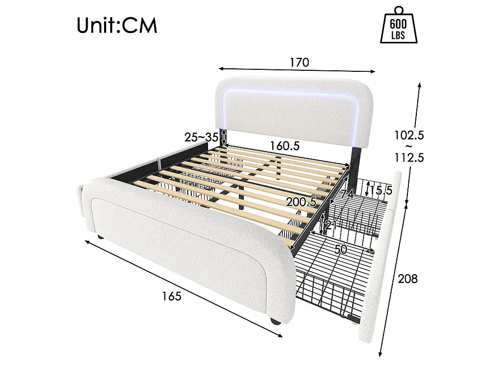 Lit Coffre 90x200 Bois Blanc Capitonné avec Matelas, LED, Tiroirs et Port USB — vue 4