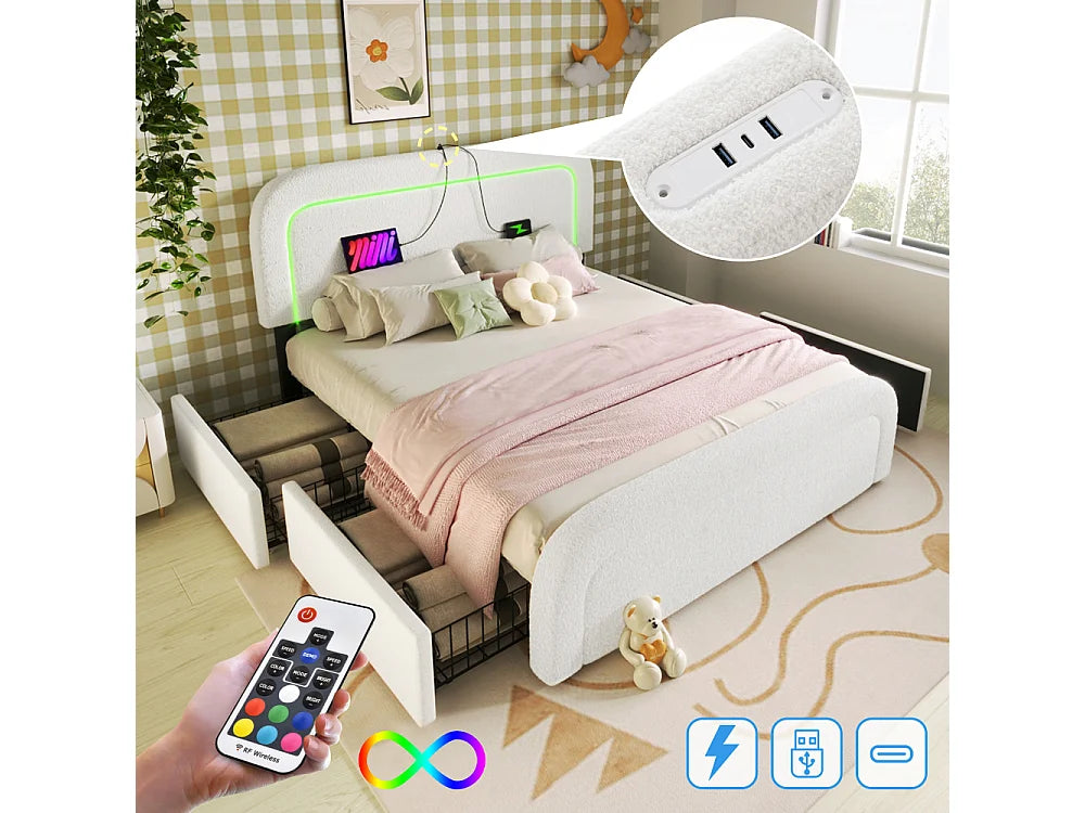 Lit Coffre 90x200 Bois Blanc Capitonné avec Matelas, LED, Tiroirs et Port USB — vue 5