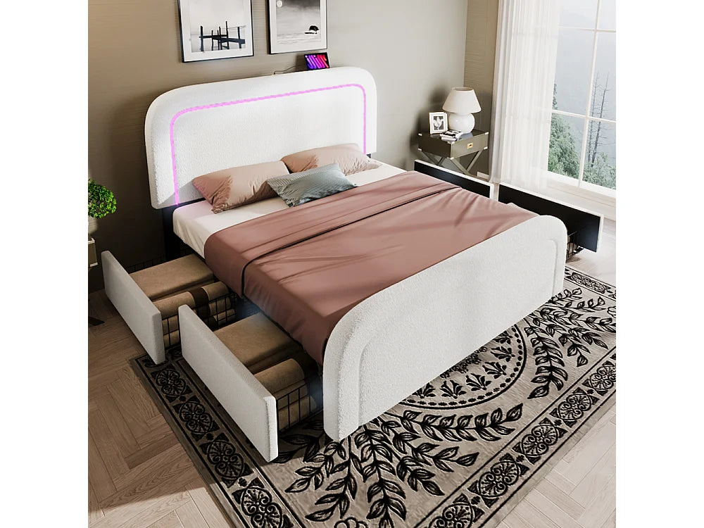 Lit Coffre 90x200 Bois Blanc Capitonné avec Matelas, LED, Tiroirs et Port USB — vue 7