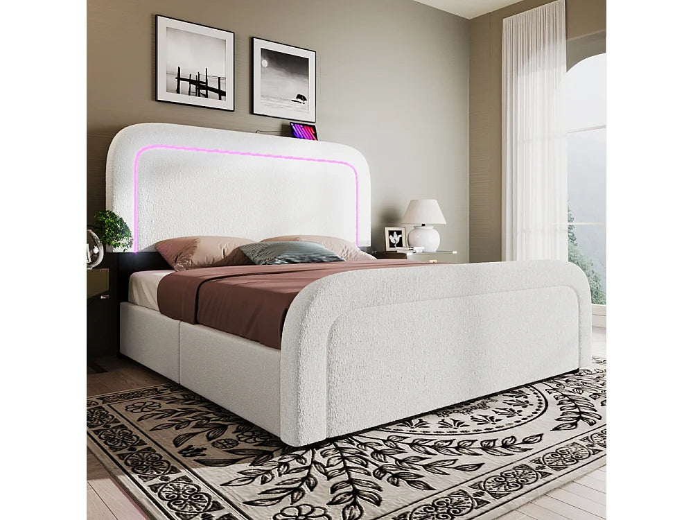 Lit Coffre 90x200 Bois Blanc Capitonné avec Matelas, LED, Tiroirs et Port USB — vue 9