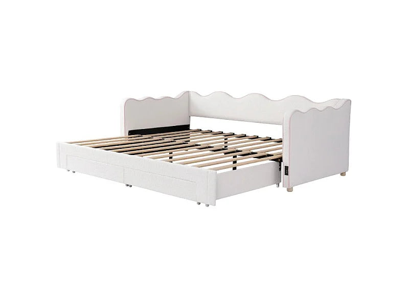 Lit Coffre 90x200 Tissu Bouclette Beige avec Tiroirs et Port USB